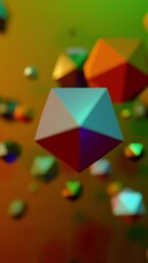 Poster - Polygonal balls randomly move in space. Design. Lots of flying geometric balls in colorful space. Chaotic flow of flying polygonal balls