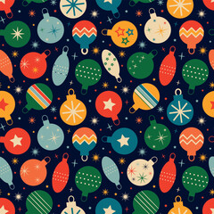 Wall Mural - Blue retro pattern with Christmas tree toys. Vintage Christmas background