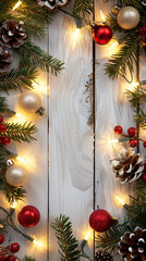 Wall Mural - Christmas lights bulb and pine leaves decoration on white wood plank