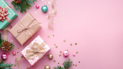 Wall Mural - gift boxes and holiday decorations with pink background.