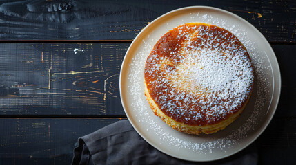 Wall Mural - Round homemade basque burnt cheesecake sprinkled with icing sugar sitting on a plate