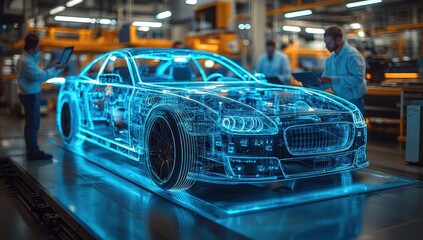 A digital blue 3D car model on a platform in an auto factory.