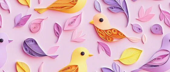 seamless pattern of 3D canary bird,  paper quill pattern.	
