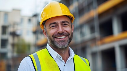 Construction worker, yellow safety helmet, high-visibility vest, smiling confidently, construction site background, professional portrait, outdoor setting, blurred industrial backdrop.