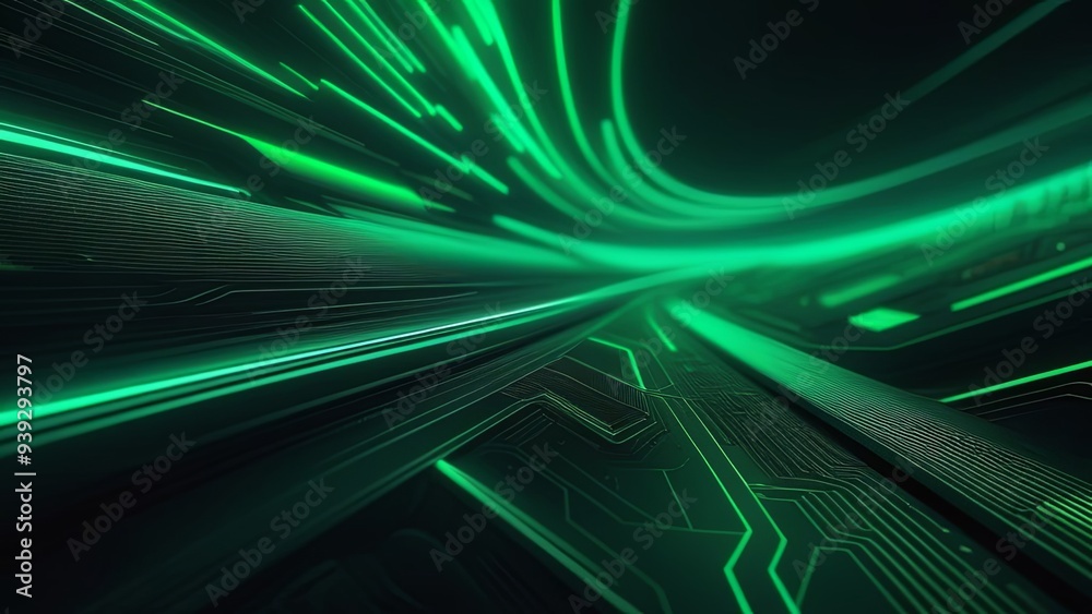 Abstract green lines, speed light effect. Green futuristic background ...