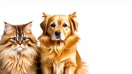 Golden retriever dog and cat portrait together on white background. Background for advertising for a veterinary clinic, an animal shelter