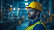 © horizon - Industrial worker, yellow hard hat, high-visibility vest, blue uniform, side profile, focused expression, blurred factory background, bokeh lights, night shift, manufacturing plant, safety gear.