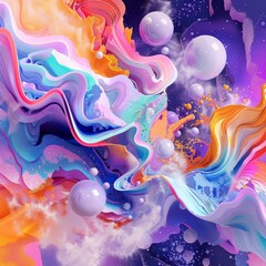 Wall Mural - An enchanting abstract artwork featuring swirling colors, floating spheres, and dynamic waves, creating a whimsical, fantasy-like visual scene that mesmerizes viewers.