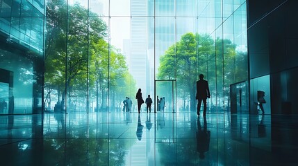 Wall Mural - light blue tones, modern glass building interior, floor-to-ceiling windows, silhouettes of people wa