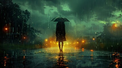 Canvas Print - Rainy Night in the City: A Woman Walks Alone