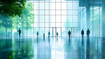 Wall Mural - light blue tones, modern glass building interior, floor-to-ceiling windows, silhouettes of people wa
