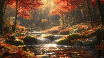 red maple leaves, serene mountain stream, moss-covered rocks, golden hour light, gentle water flow, 
