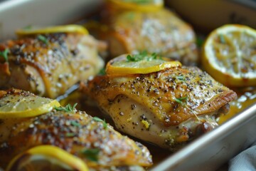 Delicious chicken thighs baking in a pan, seasoned with lemon and thyme