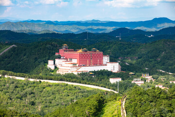 Skyline of Chengde, Hebei Province, China, summer capital of the Qing Dynasty. Located in Yanshan Mountain range, it is covered with forests and Danxia landforms.