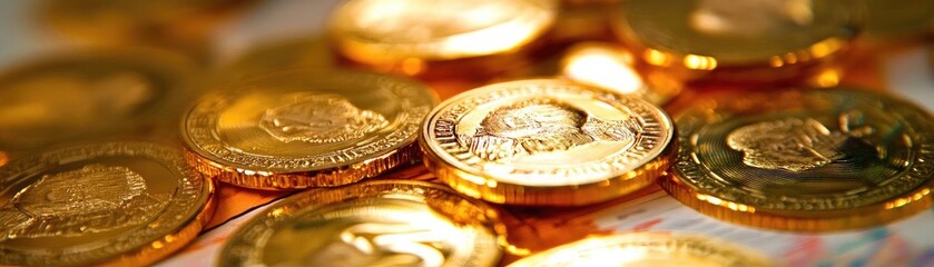 A close-up view of shiny gold coins arranged in an artistic manner, reflecting light beautifully. Perfect for finance or wealth themes.