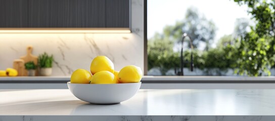 White kitchen countertop with a bowl of lemons and a modern home interior in the background