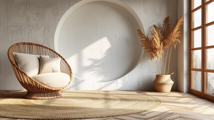 Wall Mural - A cozy interior featuring a round rattan chair with cushions, a large circular wall design, a decorative plant in a woven pot, and a round jute rug on a wooden floor.