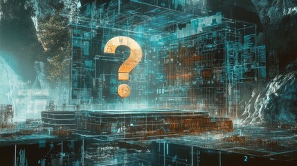 Fototapete - A digital landscape filled with mystery and technology. This artwork showcases a futuristic environment with glowing elements and a prominent question mark. Ideal for tech projects. AI