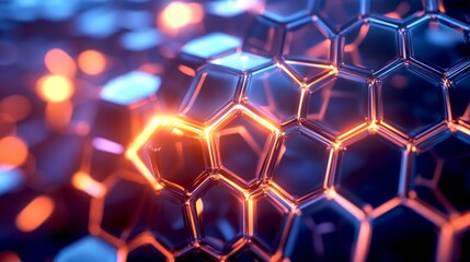 Fototapete - A stunning view of a futuristic hexagonal pattern glowing with vibrant hues. This image showcases intricate designs and modern aesthetics, ideal for technology and innovation themes. AI