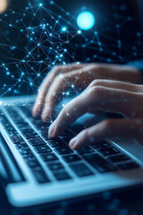 high angle typing with digital network overlay. overhead close-up of hands typing on a keyboard with