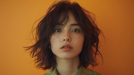 Poster - A close-up portrait of a young woman with tousled hair and freckles, set against a vibrant orange background