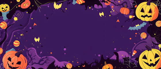 A vector illustration flat color of Child's Halloween style wallpaper, fade purple background with  decoration and large blank space in the center for text