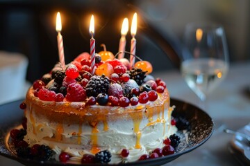 Wall Mural - Delicious birthday cake with lighted candles and covered with berries being placed on a table