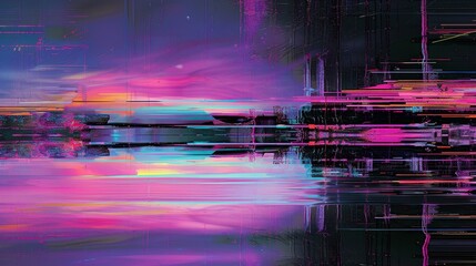 Sticker - Digital art with neon colors, abstract cityscape elements, and mirrored reflections for a futuristic feel.