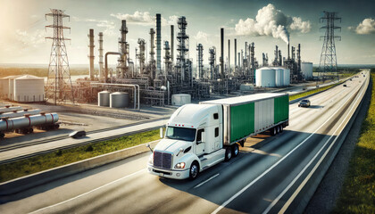 A freight truck, displaying the Nigeria flag, travels along a highway beside a sprawling refinery, representing the connection between transportation and the energy sector