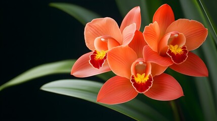 Exotic orchids, close-up view, rich tropical background, vibrant petals, detailed textures