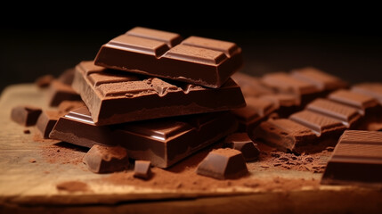 chopped chocolate pieces for dessert dark wooden desk background