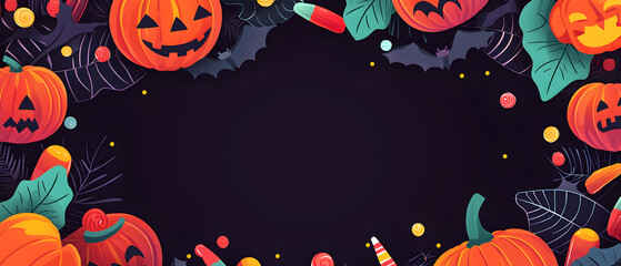 A vector illustration flat color of Child's Halloween style wallpaper, dark gray background with decoration and large blank space in the center for text