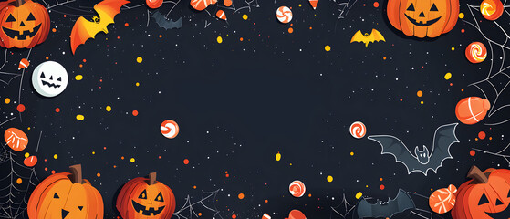 A vector illustration flat color of Child's Halloween style wallpaper, dark gray background with decoration and large blank space in the center for text