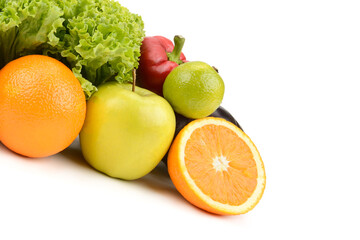 Healthy vegetables and fruit isolated on white. There is free space for text.