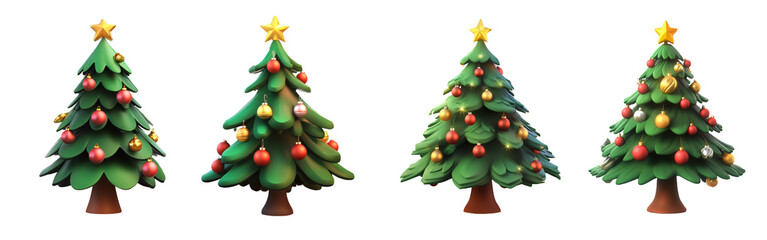 Set of 3D Cartoon Christmas Tree on Transparent Background for Holiday Designs