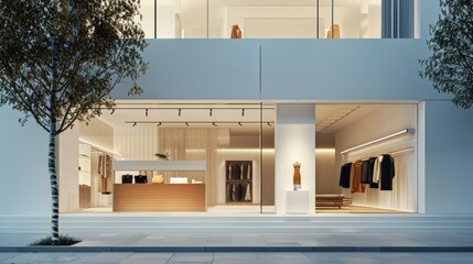 Poster - A contemporary clothing store featuring sleek, minimalist design with wooden elements and open spaces.