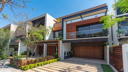 Canvas Print - This image displays a beautiful row of modern townhouses featuring lush landscaping and contemporary architectural details under a clear blue sky.