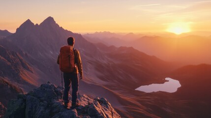 Concept of adventure and exploration, A man is standing on a mountain top with a backpack.