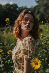 Wall Mural - A woman standing in a field of sunflowers