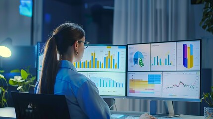 Poster - Business professional creating detailed presentation report on computer with graphs and slides, emphasizing data analysis, corporate strategy, and digital workspace productivity in modern office setti