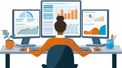 Poster - Business professional creating detailed presentation report on computer with graphs and slides, emphasizing data analysis, corporate strategy, and digital workspace productivity in modern office setti