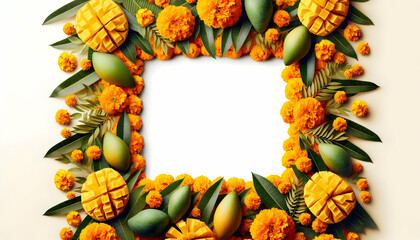 Marigold and Mango Leaves Garland Frame concept as Vertical frame with marigold flowers and mango leaves arranged on the top and bottom edges providing a vibrant and traditional Dussehra themed copy s