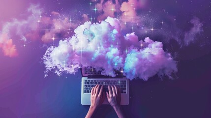 Poster - Top view of hands typing on laptop keyboard with futuristic cloud technology icons and digital data network on a purple background, ideal for cloud computing, data storage, and remote work concepts
