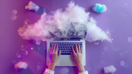 Poster - top view of hands typing on laptop keyboard with futuristic cloud technology icons and digital data 