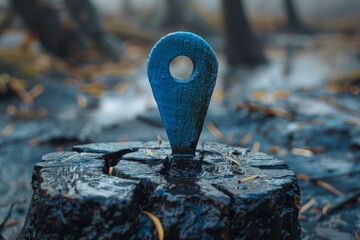 Poster - Blue wooden location pin standing on a wet stump in a mysterious forest