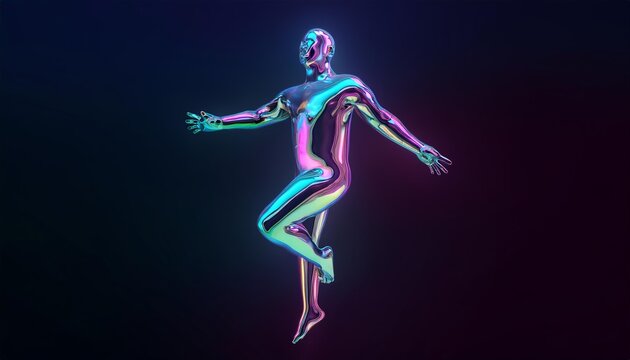 Holographic figure dances in mid air with outstretched arms