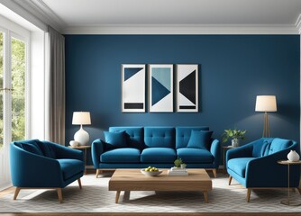 Interior of living room with blue sofa 3d rendering