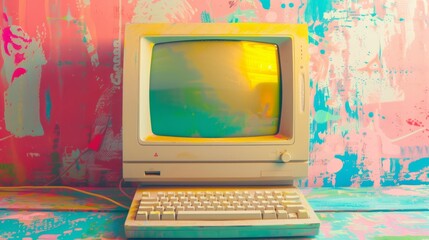 Poster - Vintage computer with yellow screen on bright, colorful background -- retro technology concept with old-school computing aesthetics -- ideal for nostalgic and tech-themed designs

