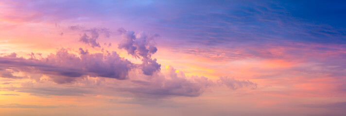 Wall Mural - sunrise sundown sky with gentle colorful clouds without birds. real sky. panoramic. large size photo
