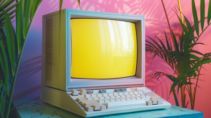 Poster - Vintage computer with yellow screen on bright, colorful background -- retro technology concept with old-school computing aesthetics -- ideal for nostalgic and tech-themed designs
